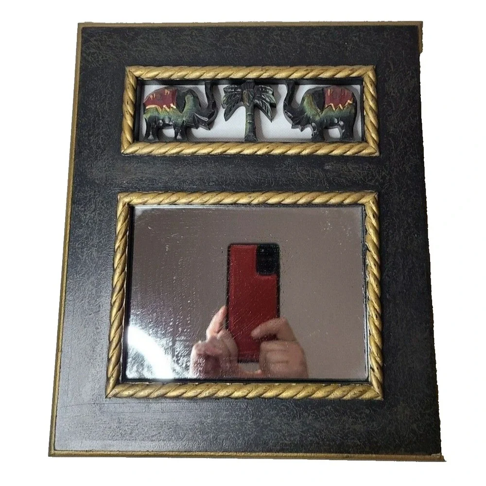 Vintage Hand Carved Elephants Wood Frame Wall Mirror Black Gold African Folk Art